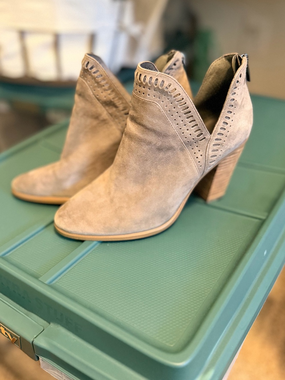 Vince Camuto Greige Suede Cutout Ankle Boots